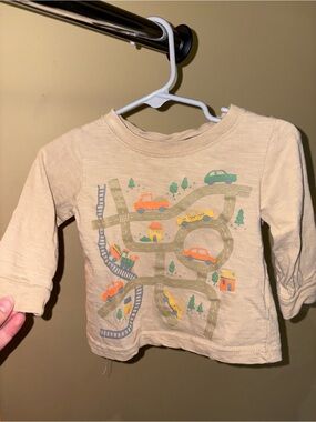 Organic Cotton Mini Bambi Beige Long Sleeve Top with Colorful Road & Car Print